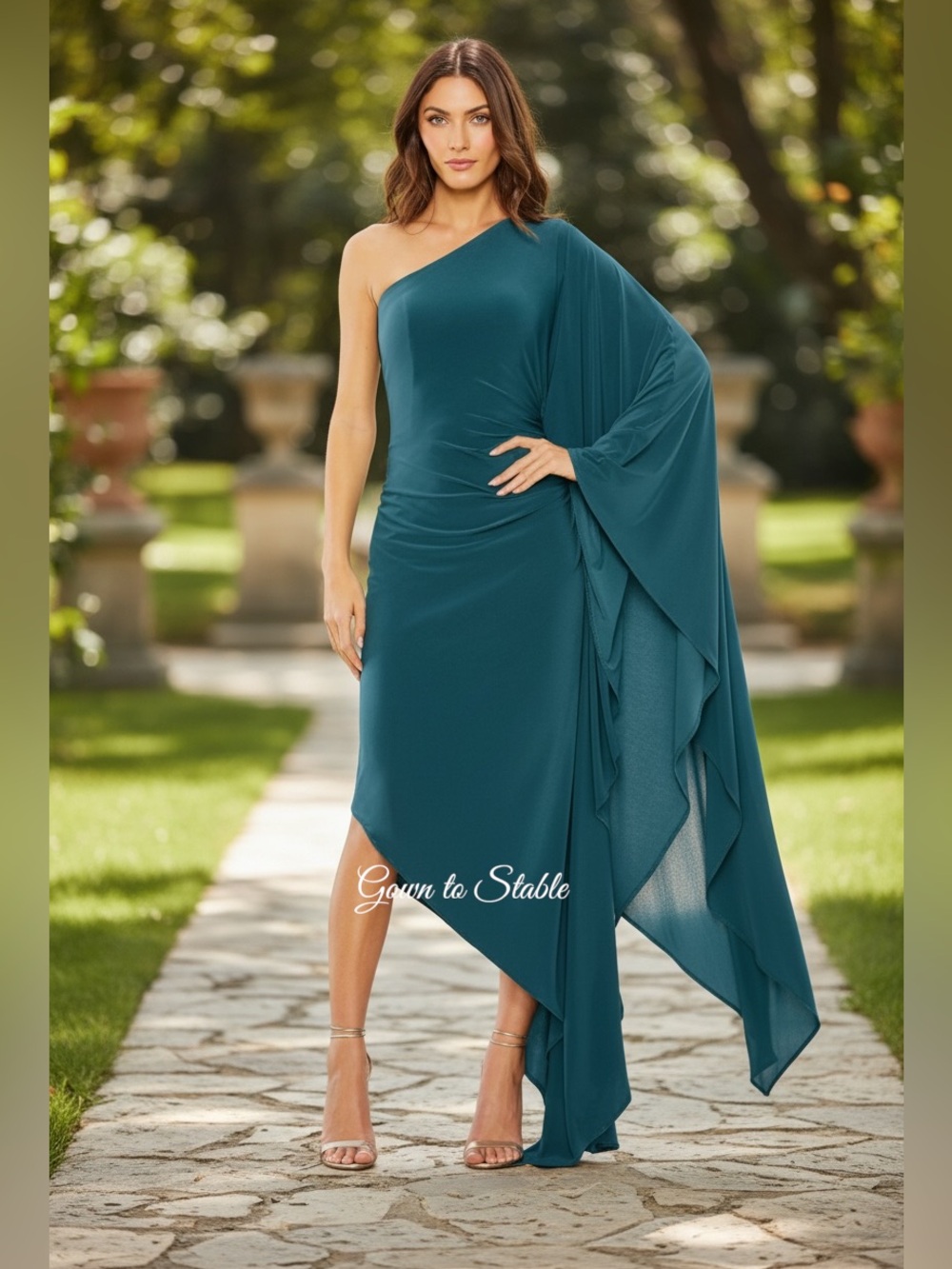 Mac Duggal by Ieena 20673 One Shoulder Cape Sleeve Ruched Detail Jersey Gown